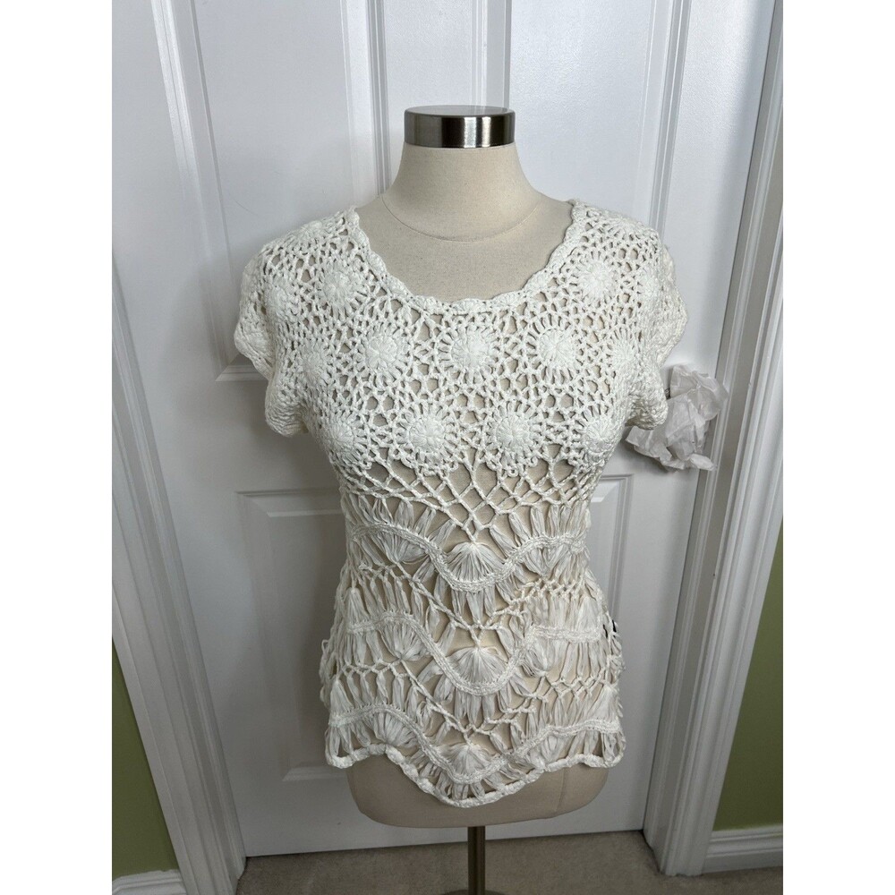 Boho Festival Women Crochet Pullover Top S White Open Knit Y2K Beach